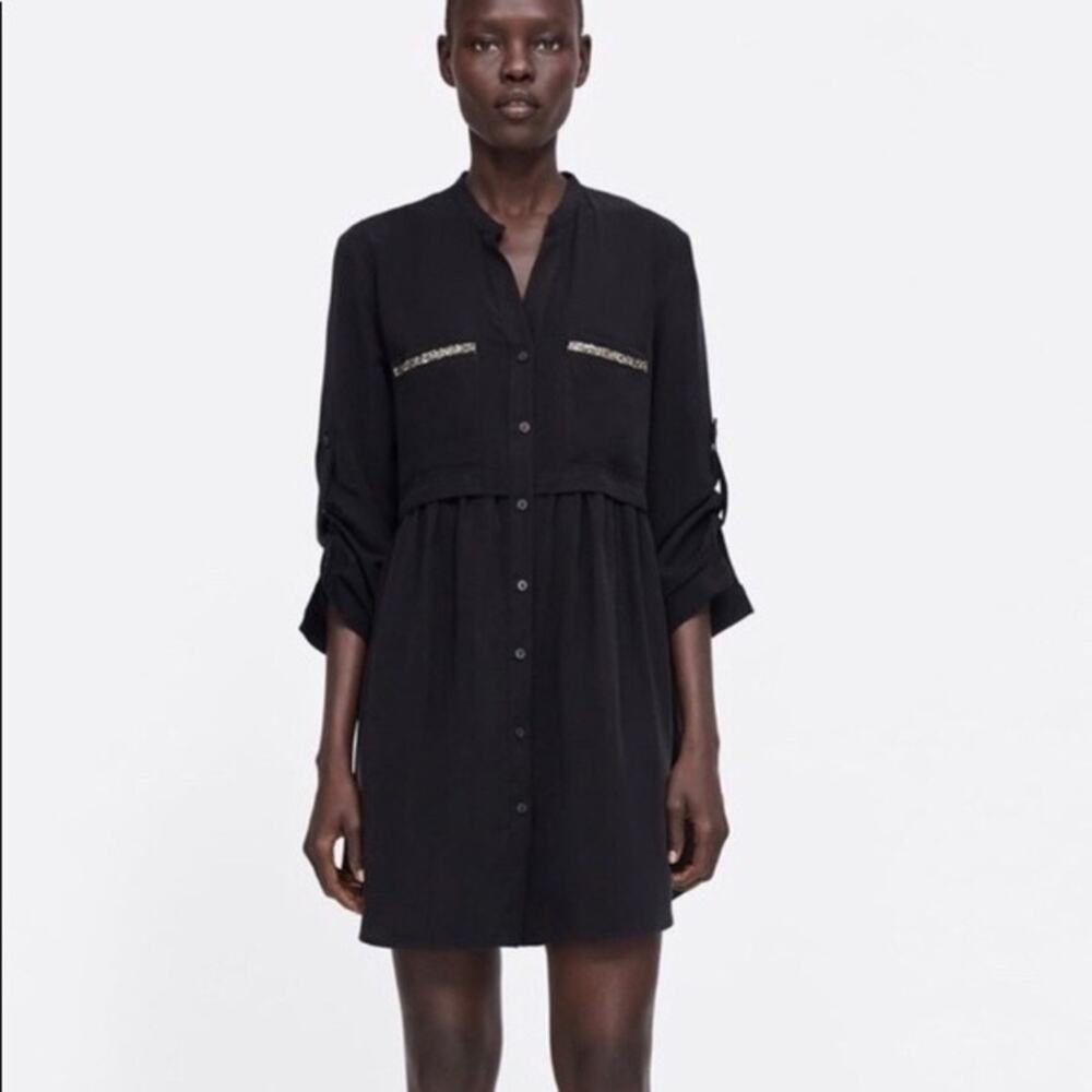 Zara Embellished Pocket Black Button Down Shirt Dress in‎ Black Size Small